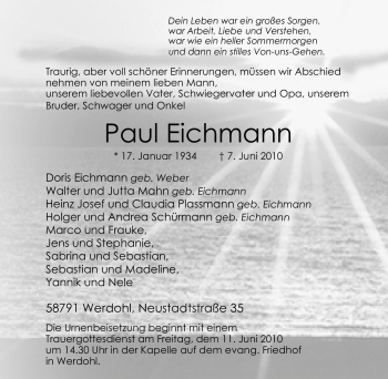 Traueranzeige von Paul Eichmann von Tageszeitung