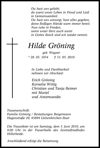 Traueranzeige von Hilde Gröning von Tageszeitung