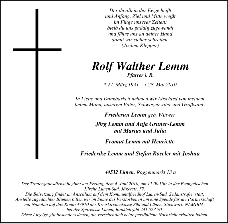  Traueranzeige für Rolf Walther Lemm vom 01.06.2010 aus Tageszeitung