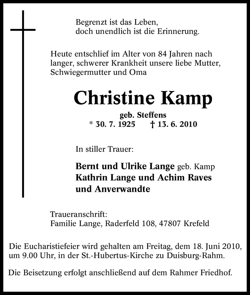  Traueranzeige für Christine Kamp vom 15.06.2010 aus Tageszeitung