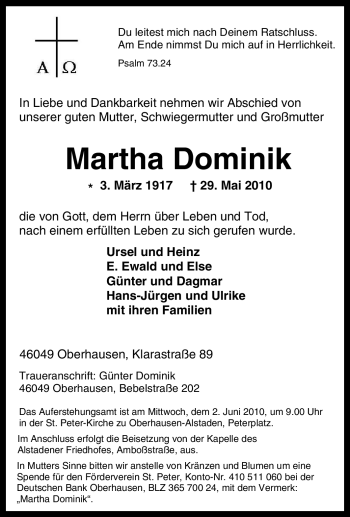 Traueranzeige von Martha Dominik von Tageszeitung