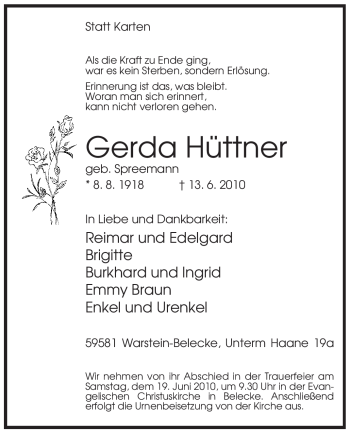 Traueranzeige von Gerda Hüttner von Tageszeitung