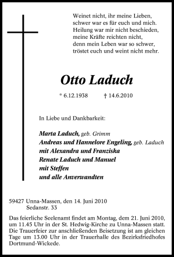 Traueranzeige von Otto Laduch von Tageszeitung