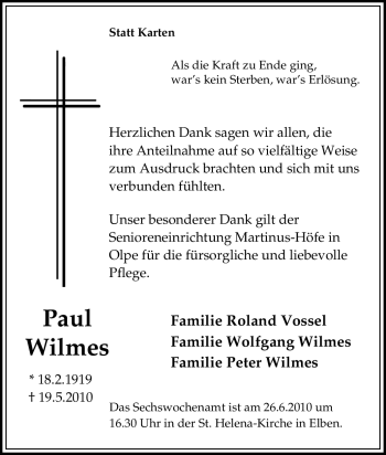 Traueranzeige von Paul Wilmes von Tageszeitung