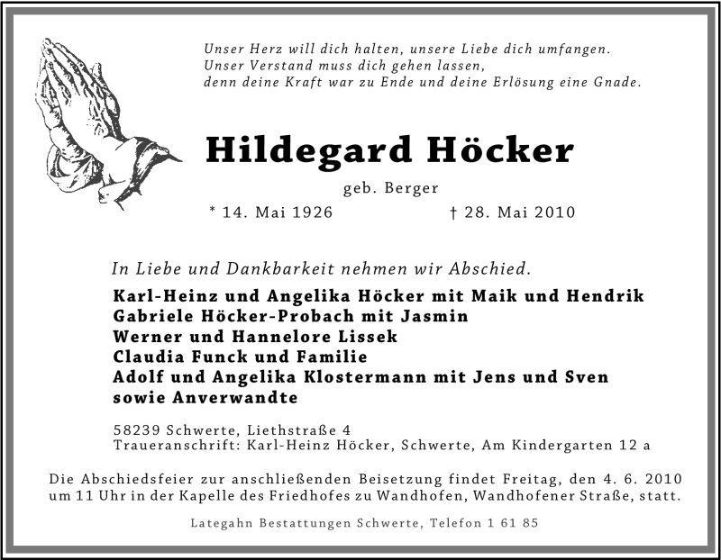  Traueranzeige für Hildegard Höcker vom 01.06.2010 aus Tageszeitung