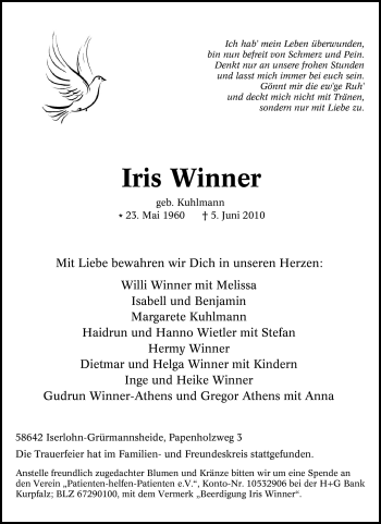 Traueranzeige von Iris Winner von Tageszeitung