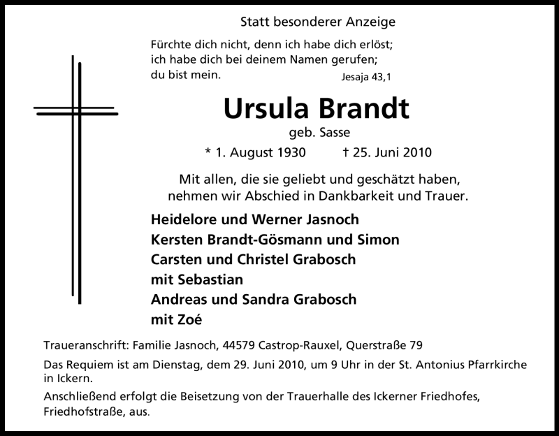  Traueranzeige für Ursula Brandt vom 28.06.2010 aus Tageszeitung