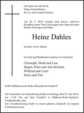 Traueranzeige von Heinz Dahles von Tageszeitung