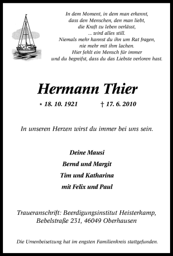 Traueranzeige von Hermann Thier von Tageszeitung