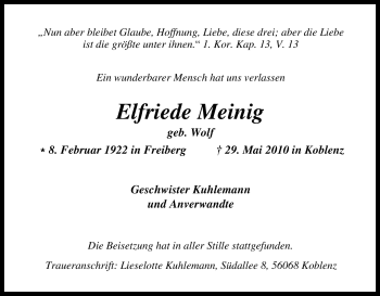 Traueranzeige von Elfriede Meinig von Tageszeitung