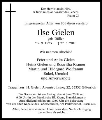 Traueranzeige von Ilse Gielen von Tageszeitung