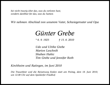 Traueranzeige von Günter Grebe von Tageszeitung