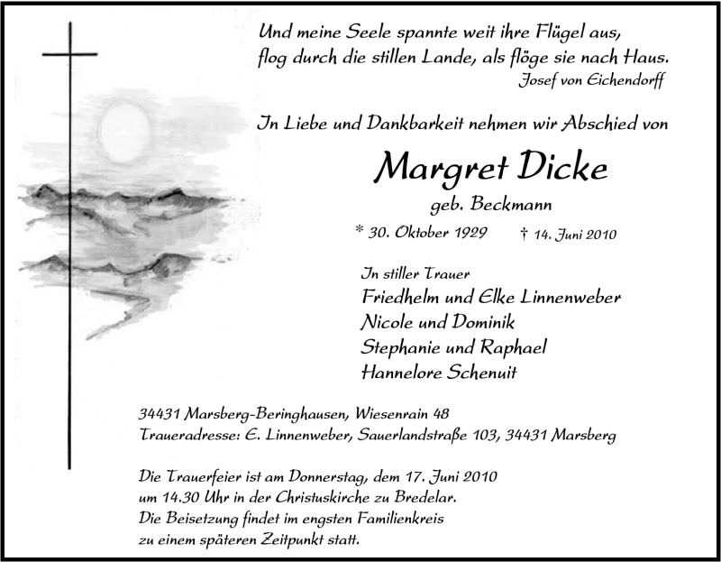  Traueranzeige für Margret Dicke vom 16.06.2010 aus Tageszeitung