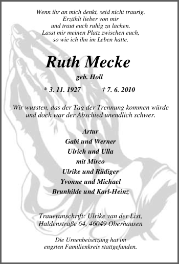 Traueranzeige von Ruth Mecke von Tageszeitung