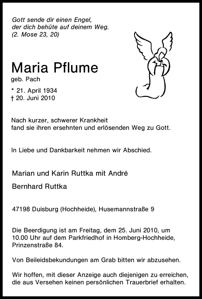  Traueranzeige für Maria Pflume vom 23.06.2010 aus Tageszeitung