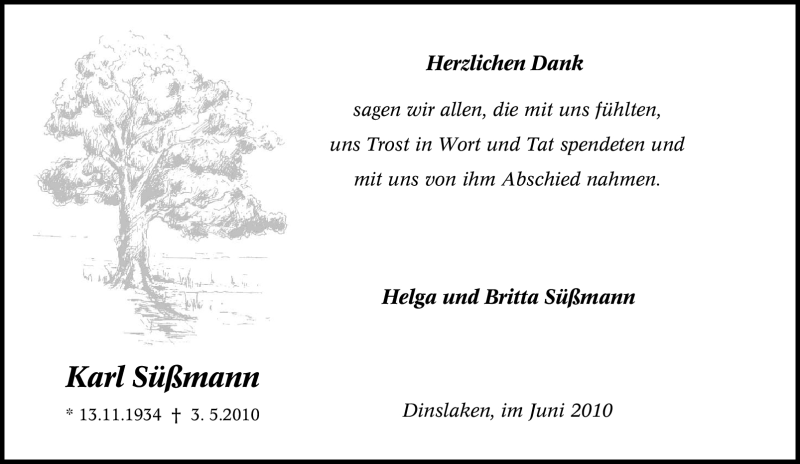  Traueranzeige für Karl Süßmann vom 09.06.2010 aus Tageszeitung