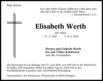 Traueranzeige von Elisabeth Werth von Tageszeitung