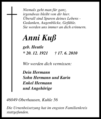 Traueranzeige von Anni Kuß von Tageszeitung