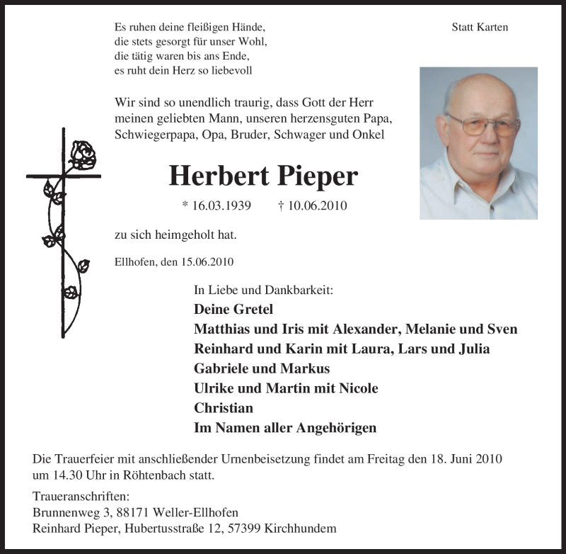  Traueranzeige für Herbert Pieper vom 15.06.2010 aus Tageszeitung