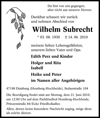 Traueranzeige von Wilhelm Subrecht von Tageszeitung