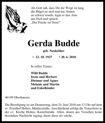 Traueranzeige von Gerda Budde von Tageszeitung