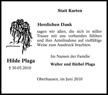 Traueranzeige von Hilde Plaga von Tageszeitung