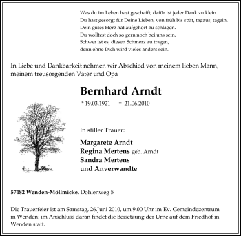 Traueranzeige von Bernhard Arndt von Tageszeitung