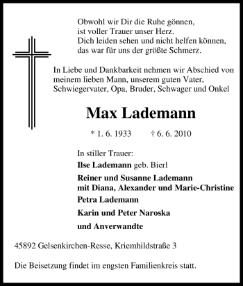 Traueranzeige von Max Lademann von Tageszeitung