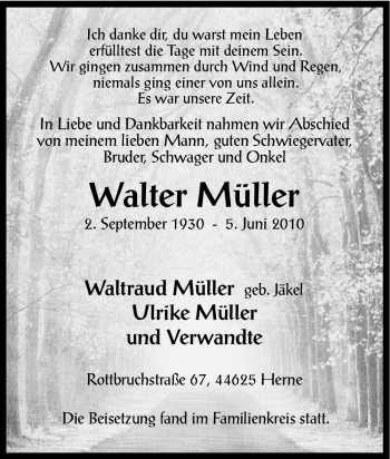 Traueranzeige von Walter Müller von Tageszeitung
