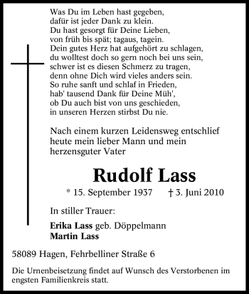 Traueranzeige von Rudolf Lass von Tageszeitung