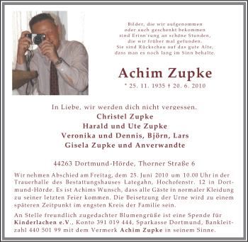 Traueranzeige von Achim Zupke von Tageszeitung