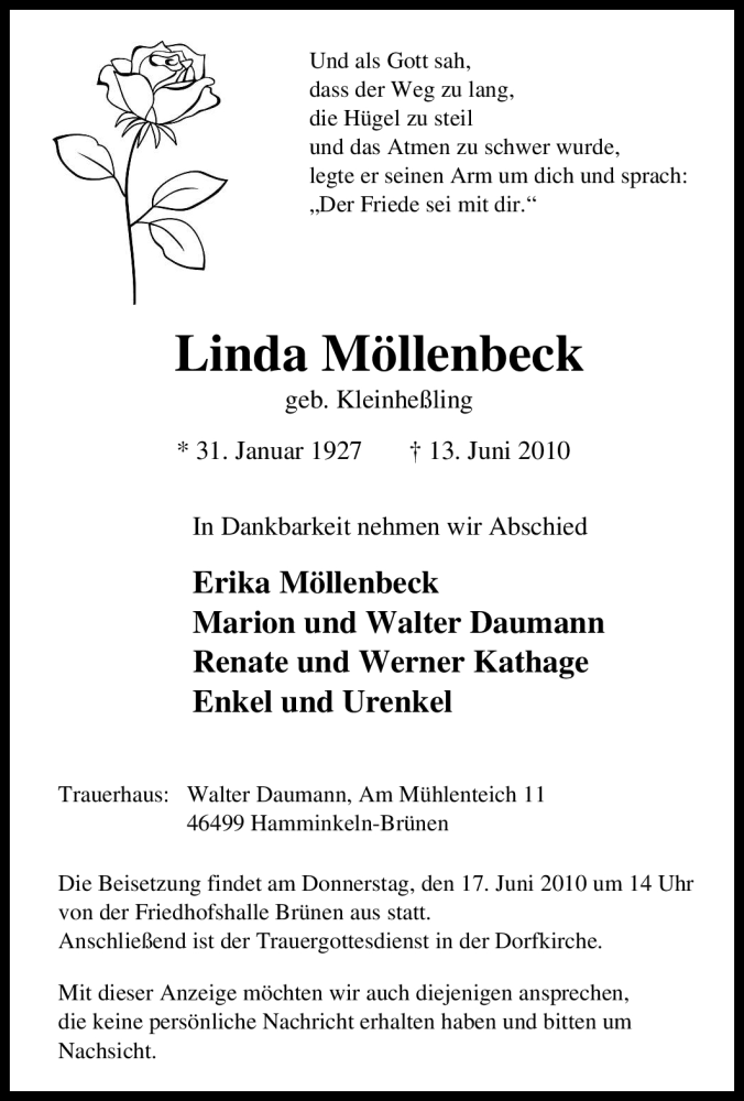  Traueranzeige für Linda Möllenbeck vom 15.06.2010 aus Tageszeitung