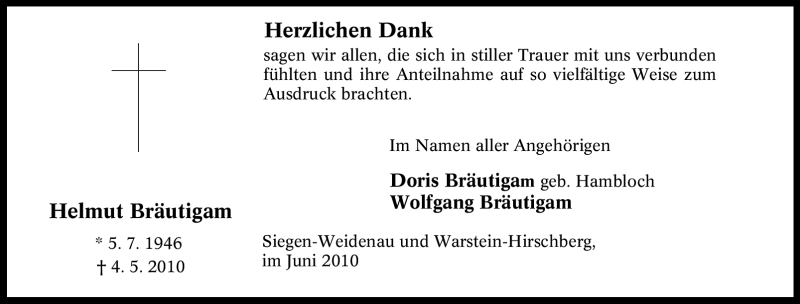  Traueranzeige für Helmut Bräutigam vom 12.06.2010 aus Tageszeitung