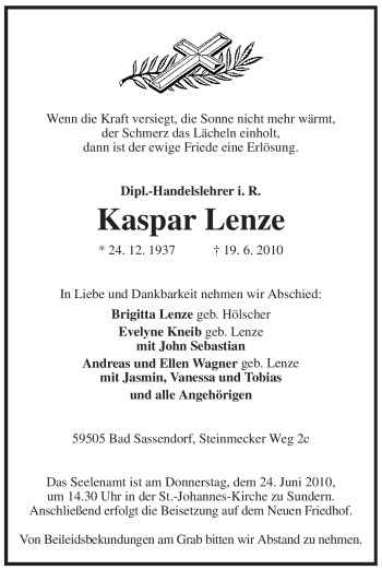 Traueranzeige von Kaspar Lenze von Tageszeitung