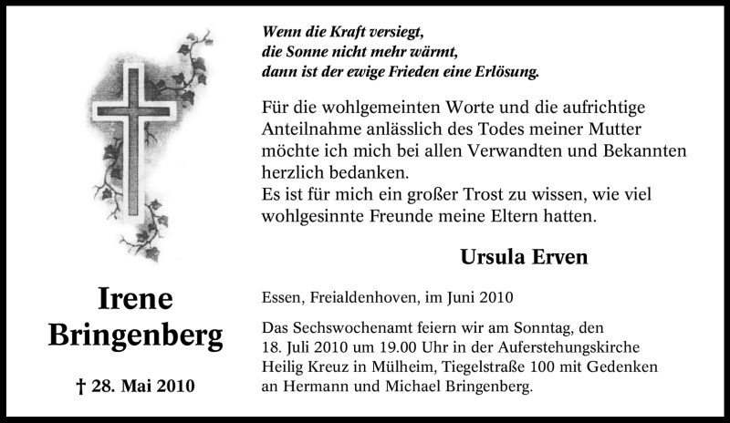  Traueranzeige für Irene Bringenberg vom 26.06.2010 aus Tageszeitung