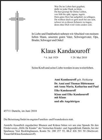Traueranzeige von Klaus Kandaouroff von Tageszeitung