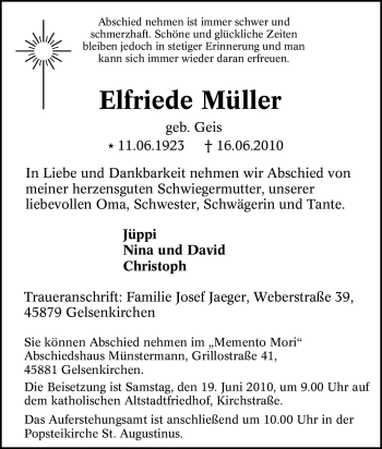 Traueranzeige von Elfriede Müller von Tageszeitung
