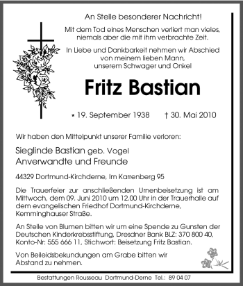 Traueranzeige von Fritz Bastian von Tageszeitung