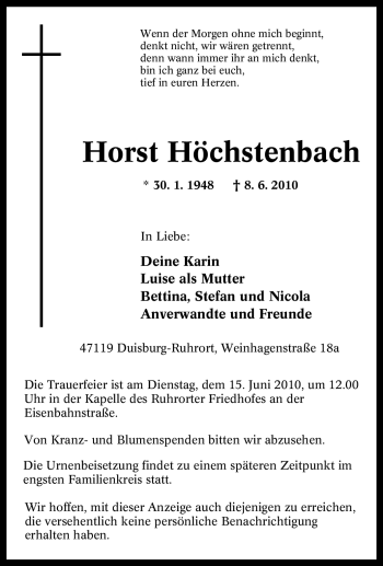 Traueranzeige von Horst Höchstenbach von Tageszeitung