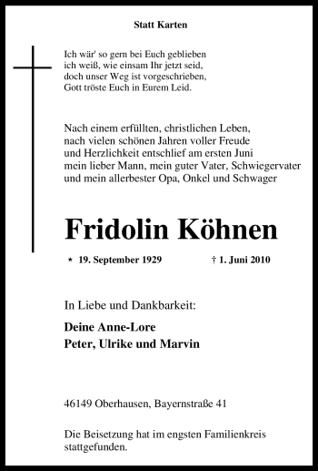 Traueranzeige von Fridolin Köhnen von Tageszeitung