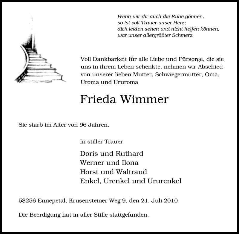  Traueranzeige für Frieda Unbekannt vom 28.07.2010 aus Tageszeitung