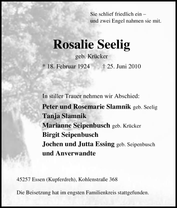Traueranzeige von Rosalie Seelig von Tageszeitung