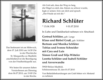 Traueranzeige von Richard Schüter von Tageszeitung