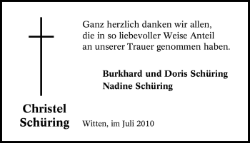 Traueranzeige von Christel Schüring von Tageszeitung