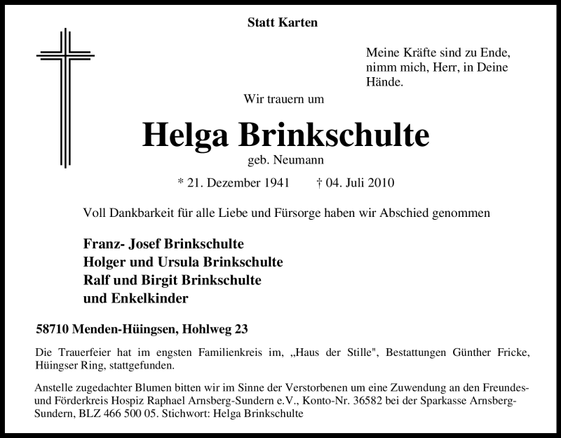  Traueranzeige für Helga Brinkschulte vom 12.07.2010 aus Tageszeitung