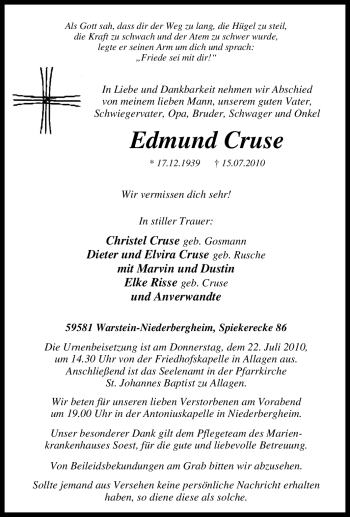 Traueranzeige von Edmund Cruse von Tageszeitung