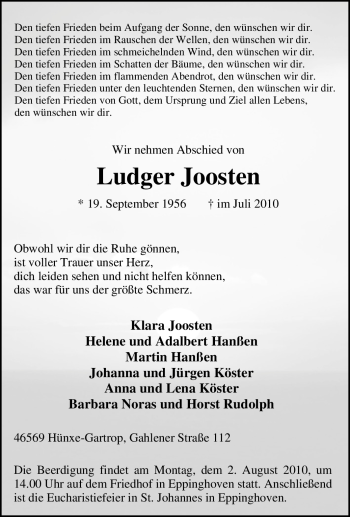 Traueranzeige von Ludger Joosten von Tageszeitung
