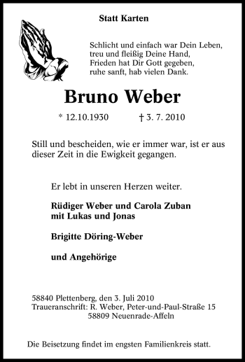 Traueranzeige von Bruno Weber von Tageszeitung