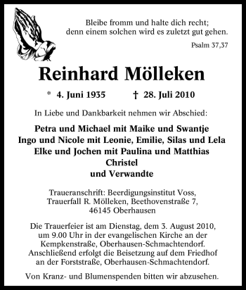 Traueranzeige von Reinhard Mölleken von Tageszeitung