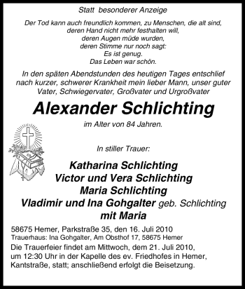 Traueranzeige von Alexander Schlichting von Tageszeitung